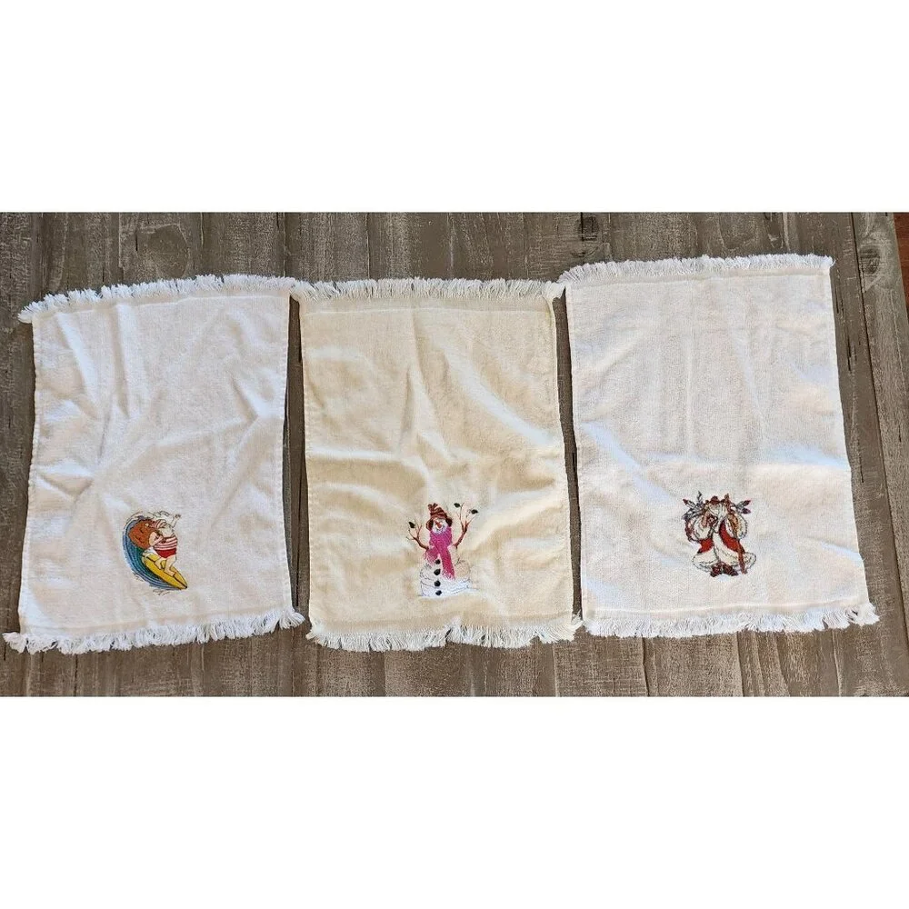 Christmas Embroidered Cotton Hand Towels With‎ Fringe Set of 3 11 x 14
